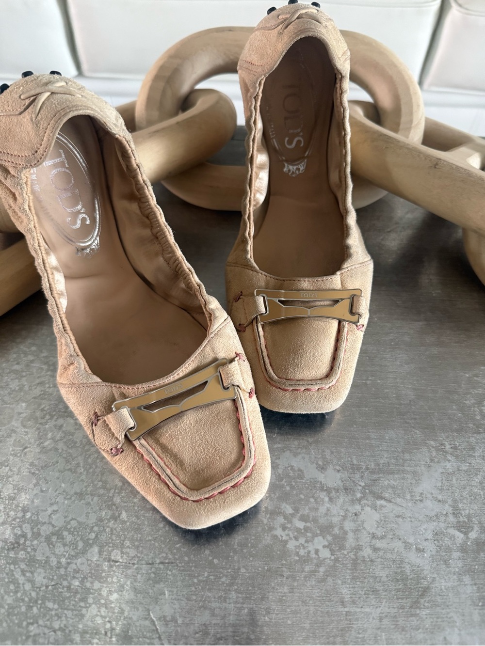 TOD'S Beige Suede Gommini Elastic Ballet Flats Loafers- Size 6.5